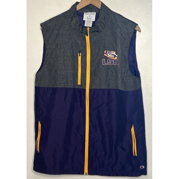 LSU TIGERS Champion Vest Mens Medium Purple NCAA Full Zip Windbreaker Pockets - Picture 1 of 3